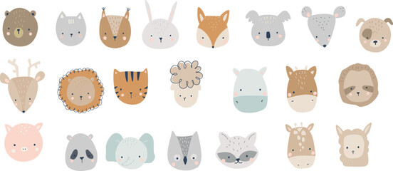 Cute illustrations of animal faces, lion, tiger, sloth, elephant, koala, llama, sheep, bear, cat, squirrel, fox, bunny, mouse