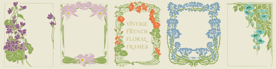 Vintage French floral frames. Book cover design, invitation, label design, packaging, postcard and card template. 
