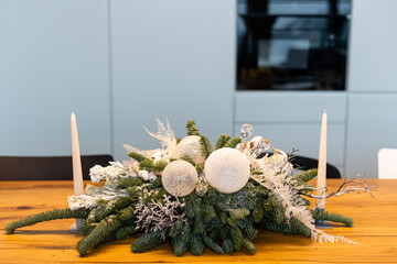 Making simple stylish christmas wreath with cedar branches, holiday workshop advent. Rustic...