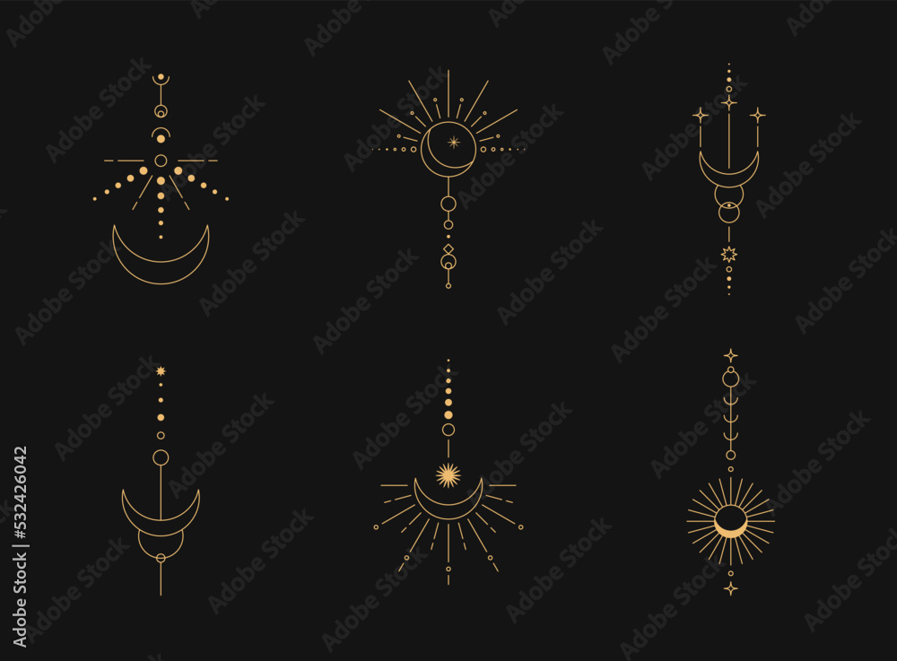 Poster set of moon and sun line art. minimal boho linear symbols. celestial mystic element. vector line art