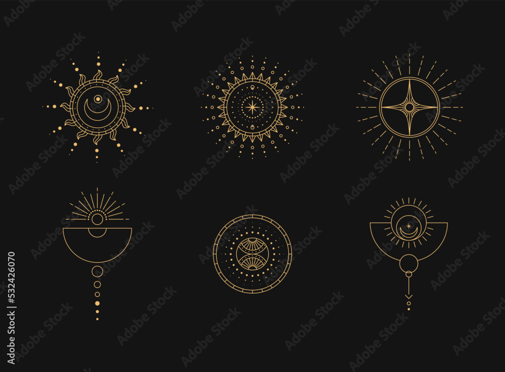 Poster set of moon and sun line art. minimal boho linear symbols. celestial mystic element. vector line art