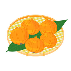 野菜イラスト　かごに盛った、たくさんのタマネギ.