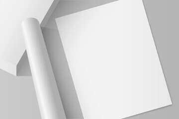 White tube with blank sheet of paper isolated on gray background