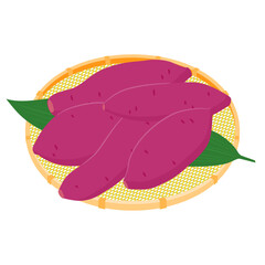 野菜イラスト　かごに盛った、たくさんのサツマイモ.