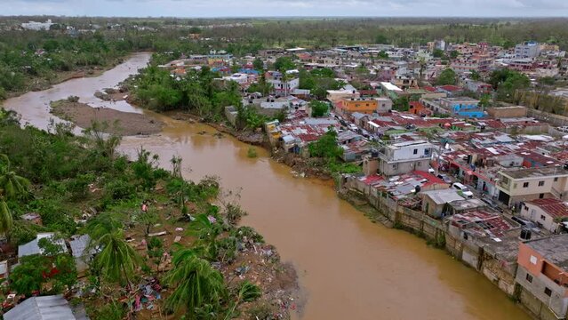 Hurricane Fiona causes damage to Los Platanitos community, Higuey in Dominican Republic. Aerial drone view