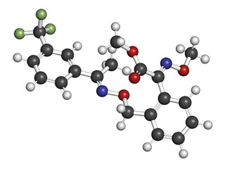 Trifloxystrobin fungicide molecule, 3D rendering.