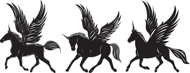 running pegasus, unicorns silhouette isolated vector
