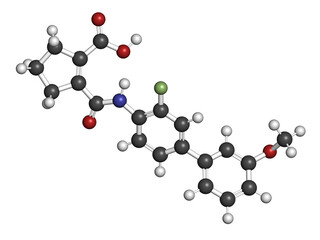 Vidofludimus drug molecule (DHODH inhibitor), 3D rendering.