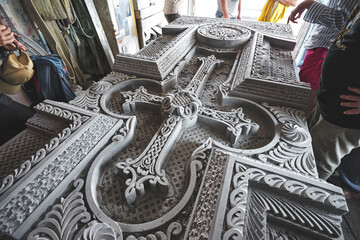 Carved khachkar in armenian workshop