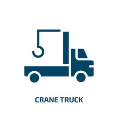crane truck icon from construction collection. Filled crane truck, crane, truck glyph icons isolated on white background. Black vector crane truck sign, symbol for web design and mobile apps