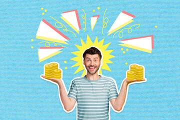 Collage photo of young handsome funny man student hold palms money cash positive idea business...
