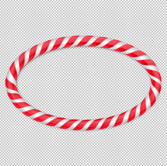 Oval frame christmas candy cane. Christmas stick. Traditional realistic xmas candy and red, white stripes. Santa caramel cane on transparent background. Vector illustration