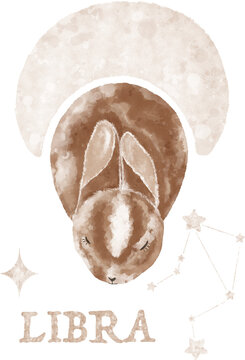 Hand drawn magic bunny illustration, moon and stars. Cute watercolor bunny. Zodiac constellation Libra