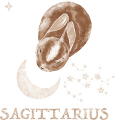 Hand drawn magic rabbit illustration, moon and stars. Cute watercolor bunny. Zodiac constellation Sagittarius