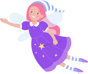 Fairy tale fairy with long pink hair with a magic wand in her hand