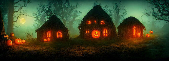 Fototapeta na wymiar Halloween background. Witch hut. Banner size. 3d