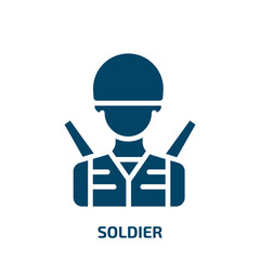 soldier icon from army and war collection. Filled soldier, military, man glyph icons isolated on white background. Black vector soldier sign, symbol for web design and mobile apps