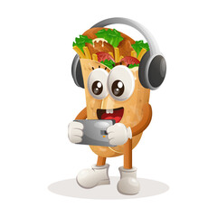Cute burrito mascot playing game mobile, wearing headphones