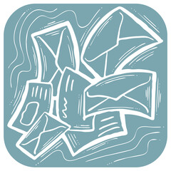 Post mail envelop to send letter, wedding invitation, birthday congratulation postcard. Delivering information old way offline. Hand drawn illustration, cartoon vintage line style drawing.