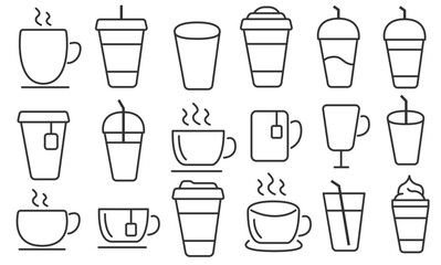 Vector graphic of drinking utensils icon collection. Coffee cup icon set. Disposable cup of coffee. Coffee To Go. Disposable coffee cup. Coffee paper cup set with label. Brown plastic container for dr