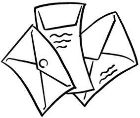 Post mail envelop to send letter, wedding invitation, birthday congratulation postcard. Delivering information old way offline. Hand drawn illustration, cartoon vintage line style drawing.