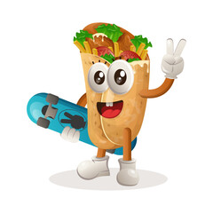 Cute burrito mascot carrying a skateboard