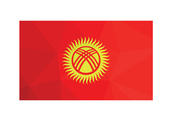 Vector illustration. Official ensign of Kyrgyzstan. National flag in red and yellow colors. Creative design in low poly style with triangular shapes. Gradient effect