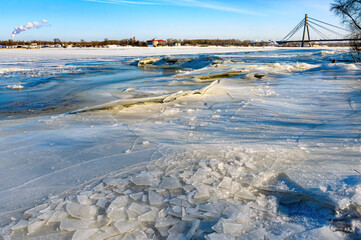Fishermen on the frozen Dnieper in the Obolon district of Kiev, Ukraine, during a cold winter. In...