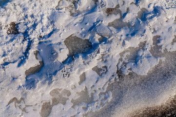 Detail of the frozen Dnieper river in Kiev capital of Ukraine, snow, ice and water creating a nice texture effect