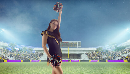 Group of cheerleaders in action on  stadium in night