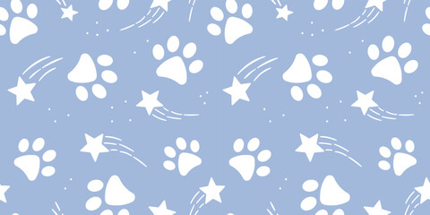 White and blue paw pattern, vector background - obrazy, fototapety, plakaty