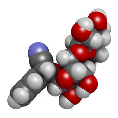 Amygdalin 3D rendering. Atoms are represented as spheres with conventional color coding: hydrogen (white), carbon (grey), oxygen (red), nitrogen (blue).