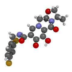Cabotegravir HIV drug molecule (integrase inhibitor), 3D rendering.