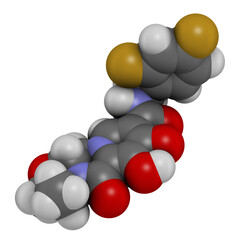 Cabotegravir HIV drug molecule (integrase inhibitor), 3D rendering.