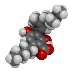 Cannabigerolic acid or CBGA cannabinoid molecule, 3D rendering.