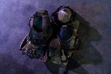 Army body armor, helmet and ammunition, Kalashnikov assault rifle with matrons and first aid...