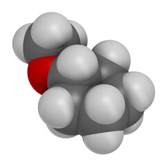 Cyclopentyl methyl ether solvent molecule 3D rendering. Atoms are represented as spheres with conventional color coding: hydrogen (white), carbon (grey), oxygen (red).
