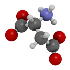 D-aspartic acid (D-aspartate) amino acid molecule, 3D rendering.