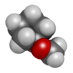 Cyclopentyl methyl ether solvent molecule 3D rendering. Atoms are represented as spheres with conventional color coding: hydrogen (white), carbon (grey), oxygen (red).