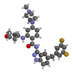 Entrectinib cancer drug molecule, 3D rendering.