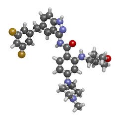 Entrectinib cancer drug molecule, 3D rendering.