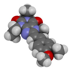 Istradefylline Parkinson's disease drug molecule, 3D rendering.