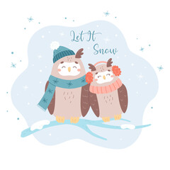 Vector couple of two cute owls sitting on the branch in the winter. Cartoon flat owl in hat, scarf, earmuffs under snowflakes with text let it snow for christmas and new year illustration. Sweet