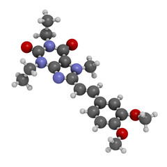 Istradefylline Parkinson's disease drug molecule, 3D rendering.
