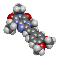 Istradefylline Parkinson's disease drug molecule, 3D rendering.