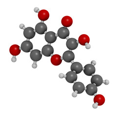 Kaempferol antioxidant molecule, 3D rendering.