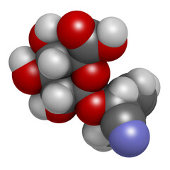 Laetrile molecule. Derivative of amygdalin. Used in quack cancer treatment, 3D rendering.