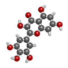 Myricetin flavonoid molecule, 3D rendering.