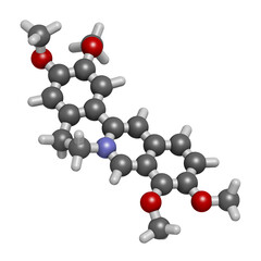 Palmatine herbal alkaloid molecule, 3D rendering.