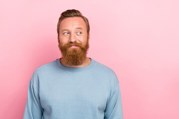 Portrait photo of young attractive handsome redhair bearded guy look positive satisfied empty space...